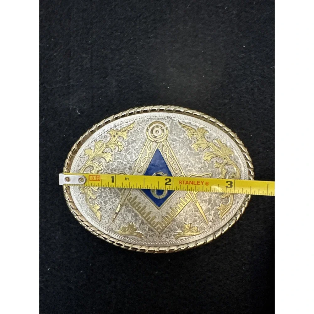 Vintage Masonic Belt Buckle Oval Gold Silver Tone Blue Freemason USA Made